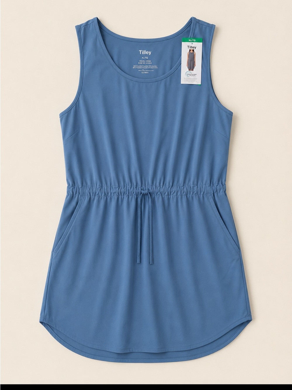 Tilley Travel Dress Woman XL Blue Sleeveless Drawstring Pocket Stretch Comfy NEW